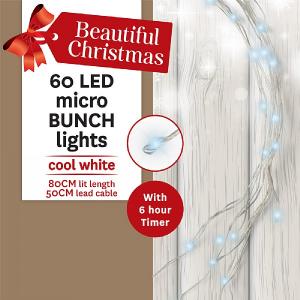 60 Cool White LED Battery Operated Micro Bunch Lights (Silver Cable)