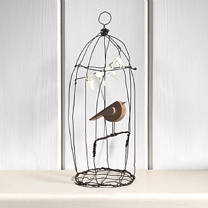 East of India Large Naive Bird In Wire Cage Ornament