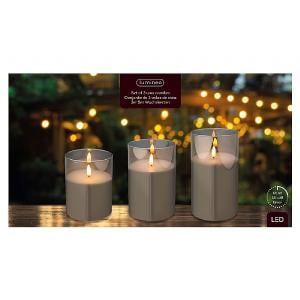 Set of 3 Large Smoked Grey Glass LED Flicker Wax Candles