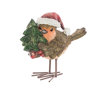 Brown & Green Resin Robin With Tree 12cm