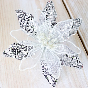 White & Silver Sequin Chiffon Poinsettia Clip