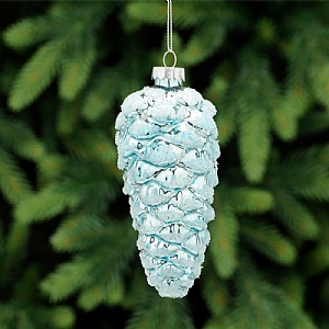 Festive Light Blue Glass Pinecone With White Glitter 13cm