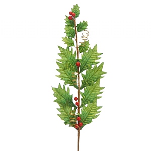 Festive Green Holly Leaf & Red Berries Pick 56cm