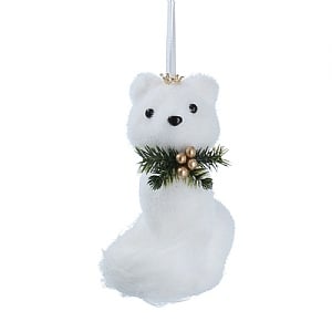 Gisela Graham White Flock Sitting Fox with Crown Tree Decoration