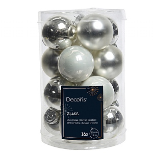 Decoris White & Silver Glass Baubles 3.5cm - (Tube of 16)