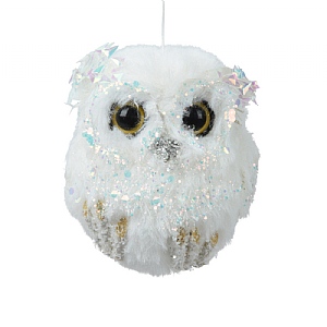 Decoris White Glittery Owl Hanging Decoration (8cm)