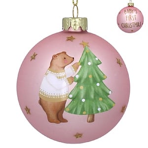 Gisela Graham Pink Babys First Teddy Glass Bauble (8cm)