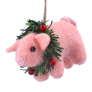 Gisela Graham Mixed Wool Pig with Wreath Decoration