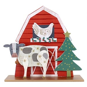 Gisela Graham Wood Red Barn with Cow, Hen and Tree Decoration