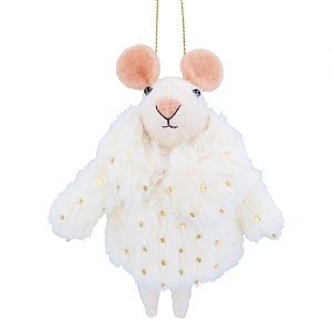 Gisela Graham Mixed Wool Mouse with Fluffy White Coat Decoration