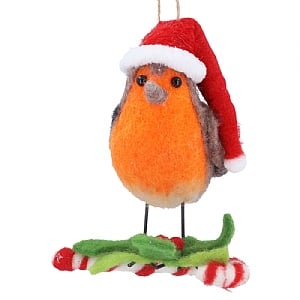 Gisela Graham Santa Robin on Candy Cane Wool Decoration (12cm)