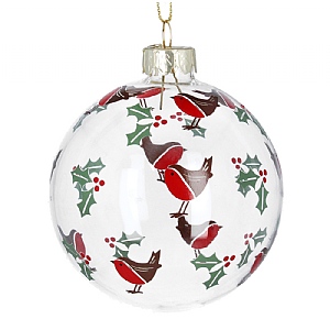 Gisela Graham Clear Glass Bauble with Robins and Holly