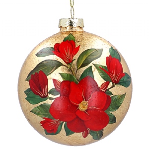 Gisela Graham Antique look Gold Glass Bauble with Red Magnolia