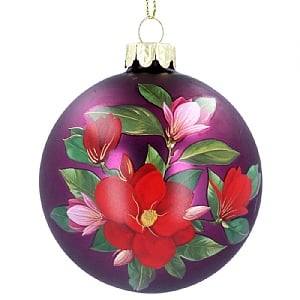 Gisela Graham Purple Glass Bauble with Red Magnolia