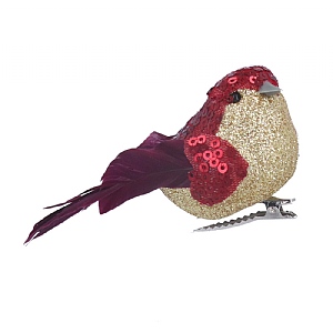 Gisela Graham Burgundy Feather and Gold Mini Bird Clip