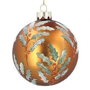 Gisela Graham Copper with Holly Berries Glass Bauble