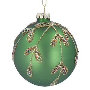 Gisela Graham Matt Green with Gold Hologram Leaves Glass Bauble (8cm)