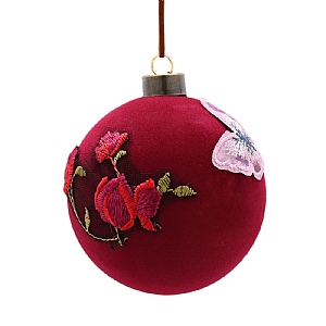 Red Flocked Glass Flower & Butterfly Bauble (10cm)