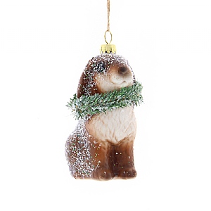 Hanging Snowy Brown Rabbit In Green Scarf (9cm)