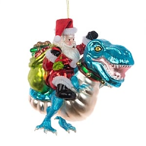 Floralsilk Hanging Glass Santa Riding T-Rex (15cm)