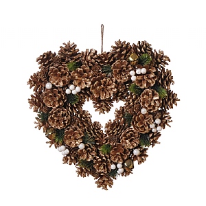 Berry Heart Pinecone Wreath - Gold & White (36cm)