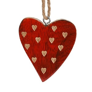 Red and Gold Wooden Heart Hanging Tree Decoration (7cm)