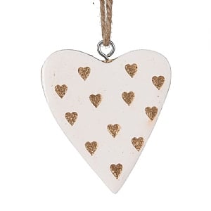 White and Gold Wooden Heart Hanging Tree Decoration (7cm)