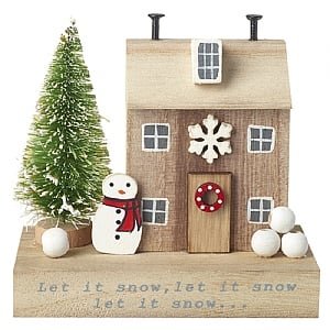 Wooden House with Snowman