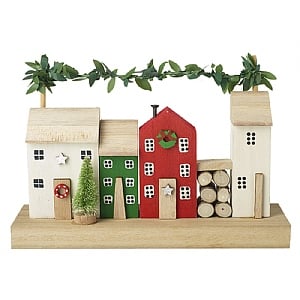 Wooden Houses with Logs and Leaf Garland