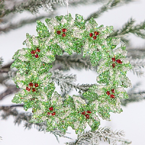 Glittery Green Holly Wreath Hanging Tree Decoration (14cm)