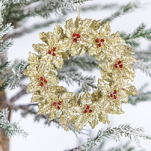 Glittery Gold Holly Wreath Hanging Tree Decoration (13cm)