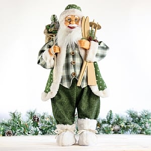 Green Plaid Standing Santa with Skis (61cm)