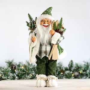 Green Plaid Standing Santa with Skis (41cm)