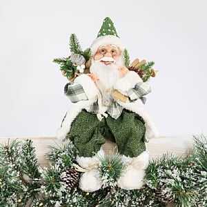 Green Plaid Sitting Santa with Skis (41cm)