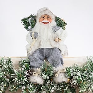 Grey & White Sitting Santa with Snow Shoes (41cm)