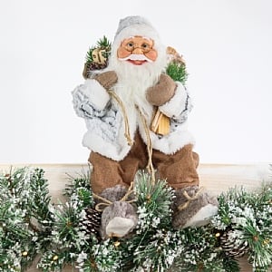 Grey & White Faux Fur Sitting Santa with Skis (41cm)