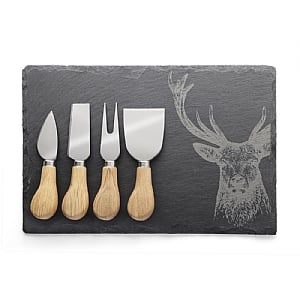 Taylors Eye Witness Stag Design Cheese Board with 4 piece Oak Cheese Knife Set (30x20cm)