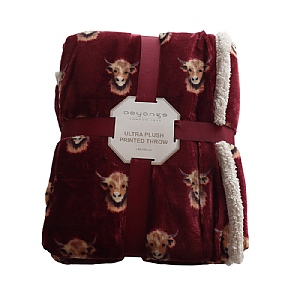 Deyongs Sherpa Throw Highland Cows - Burgundy (140x180cm)
