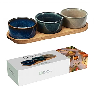 Ceramic Serving Bowls with Wooden Tray (29x10cm)