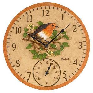 Outside In Robin Wall Clock & Thermometer 12"