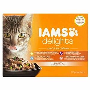 Iams Cat Delights Multipack Pack of 12 - Land & Sea Collection In Gravy (85g)